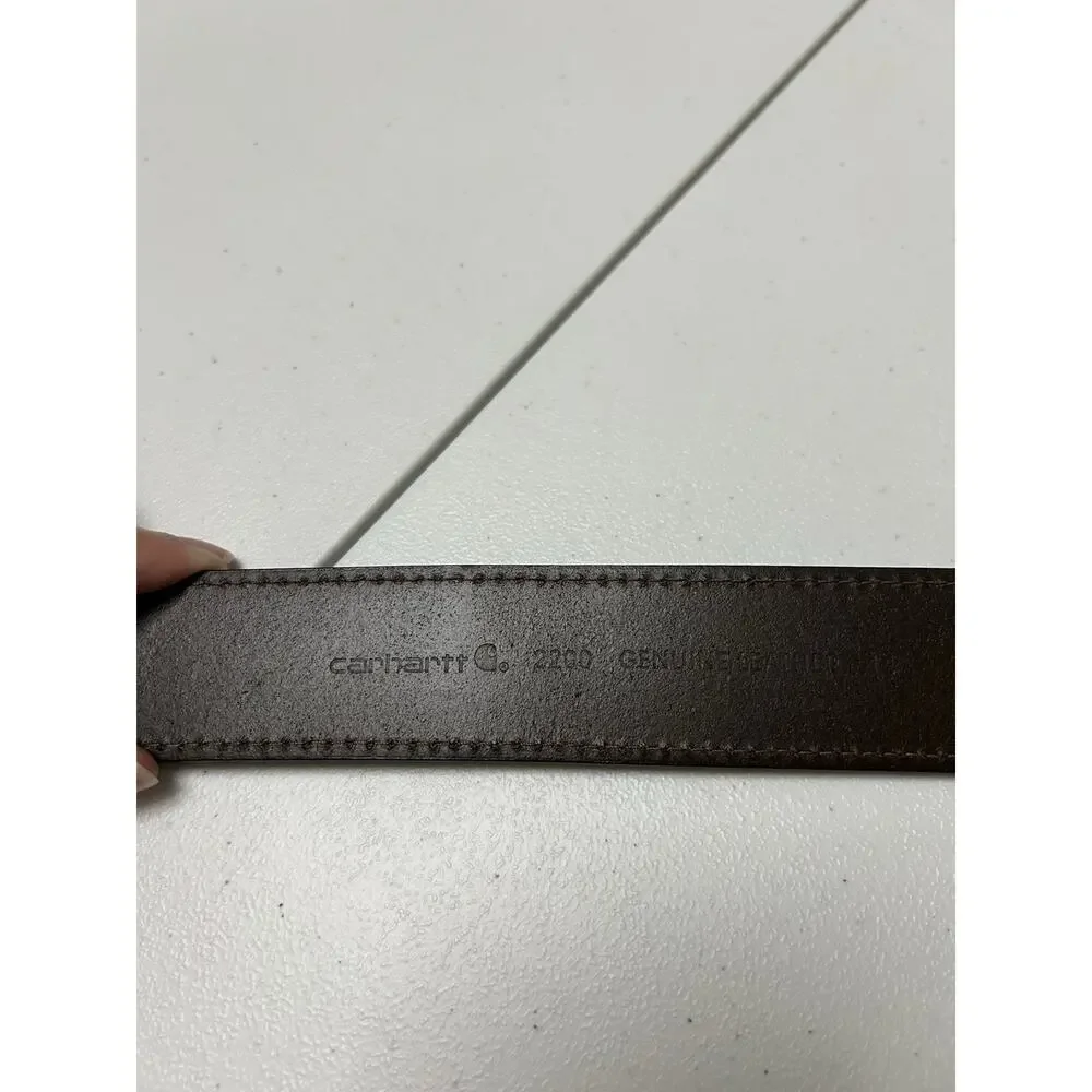 Carhartt Brown Leather Belt, Logo Brass Colored Buckle 2200 Size 44
